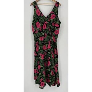 Anthropologie Maeve Ruched Midi Dress Pink Green Floral Black V-Neck Slit Sz 24W
